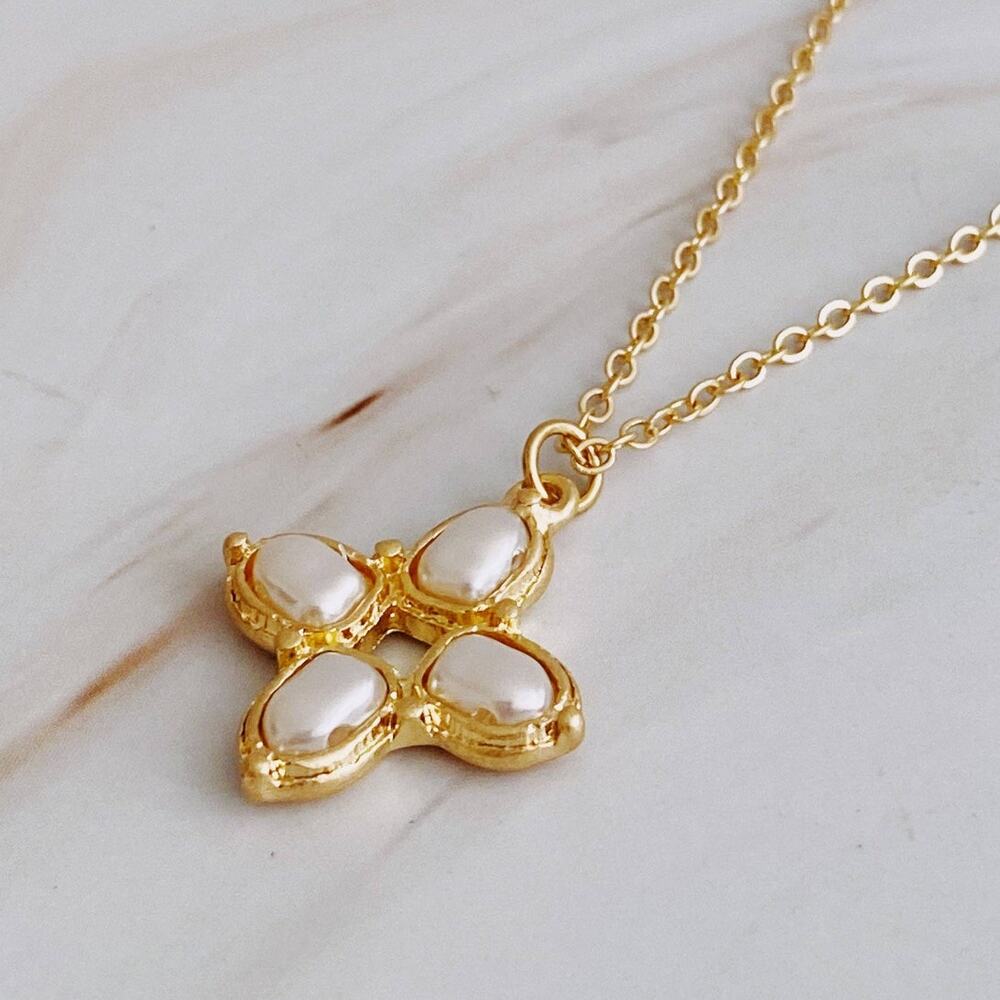 Square Pearl Cross Necklace | Gold Plated
